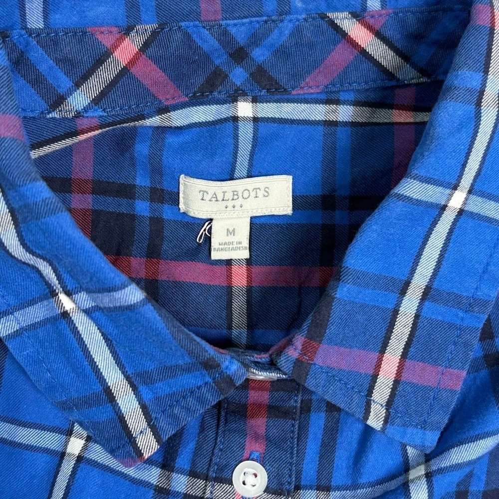 Talbots Shirt Womens M Blue 100% Cotton Plaid Button Down Classic Preppy Top - Picture 3 of 7